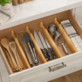 Expandable adjustable bamboo drawer dividers with label slots, set of 6 flexible drawer organizers for kitchen, dressers, bathroom and home office storage
