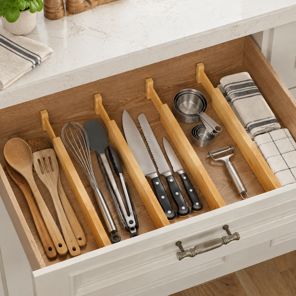 Expandable adjustable bamboo drawer dividers with label slots, set of 6 flexible drawer organizers for kitchen, dressers, bathroom and home office storage