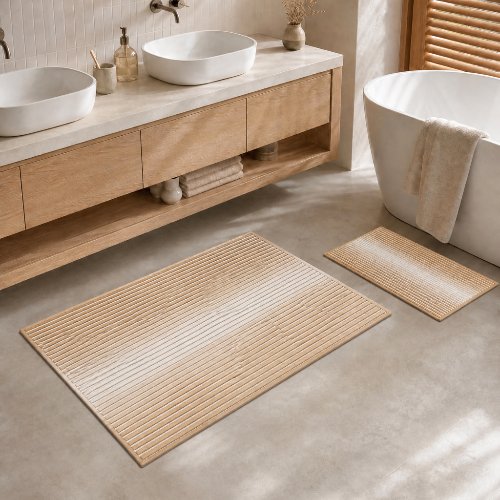 2‑Piece Boho Bathroom Rug Set, Soft Striped Chenille Non‑Slip Bath Mats, Quick‑Dry Absorbent Machine‑Washable Shower Floor Rugs for Bathroom and Bedroom Home Decor