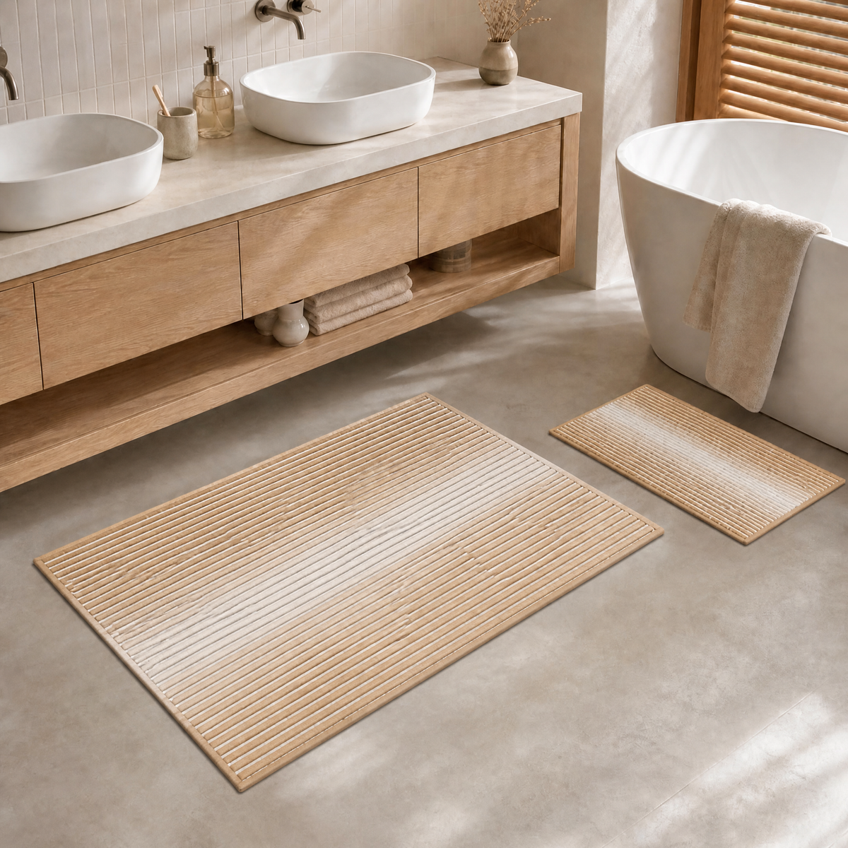 2‑Piece Boho Bathroom Rug Set, Soft Striped Chenille Non‑Slip Bath Mats, Quick‑Dry Absorbent Machine‑Washable Shower Floor Rugs for Bathroom and Bedroom Home Decor
