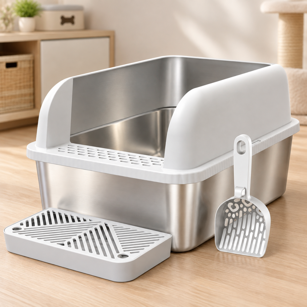 Enclosed Stainless Steel Cat Litter Box for Big Cats, Extra Large Hooded Metal Kitty Litter Pan, Odor Control Anti-Splash Cat Toilet for Indoor Large Breeds