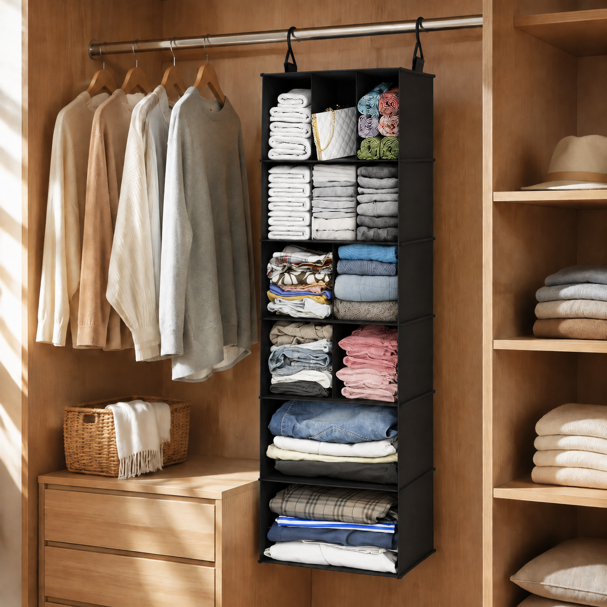 2‑pack hanging closet shoe organizer with dividers, 24‑compartment hanging shoe shelves offering tidy storage for closet, wardrobe, RV interior and freestanding garment rack organization