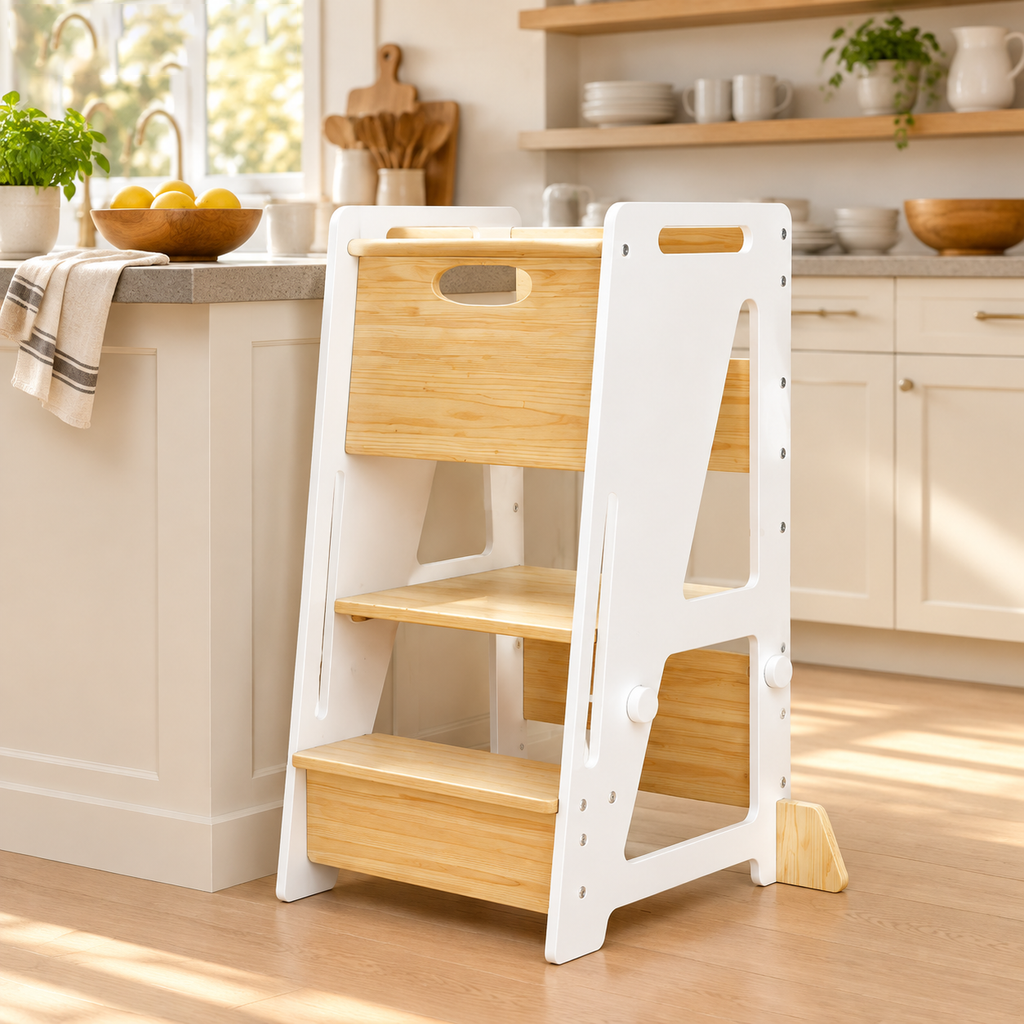 3‑Height Adjustable Kids Learning Tower with Sliding Door, Toddler Helper Stool with Non‑Slip Strips, Wide A‑Frame Base and Anti‑Tip Feet, 150 lb Load for 18 Months to 6 Years Old