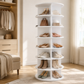 7‑tier rotating shoe rack tower, 360‑degree spinning lazy susan round carousel, vertical revolving storage organizer for shoes and handbags to optimize closet space