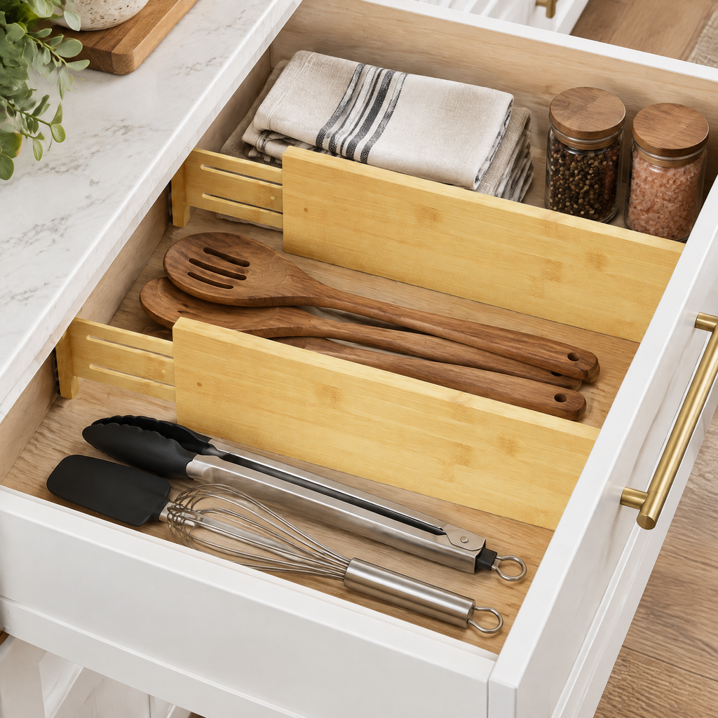 Expandable adjustable bamboo deep drawer dividers with labels, set of 2 sturdy drawer organizers for kitchen, dressers, bathroom and home office storage