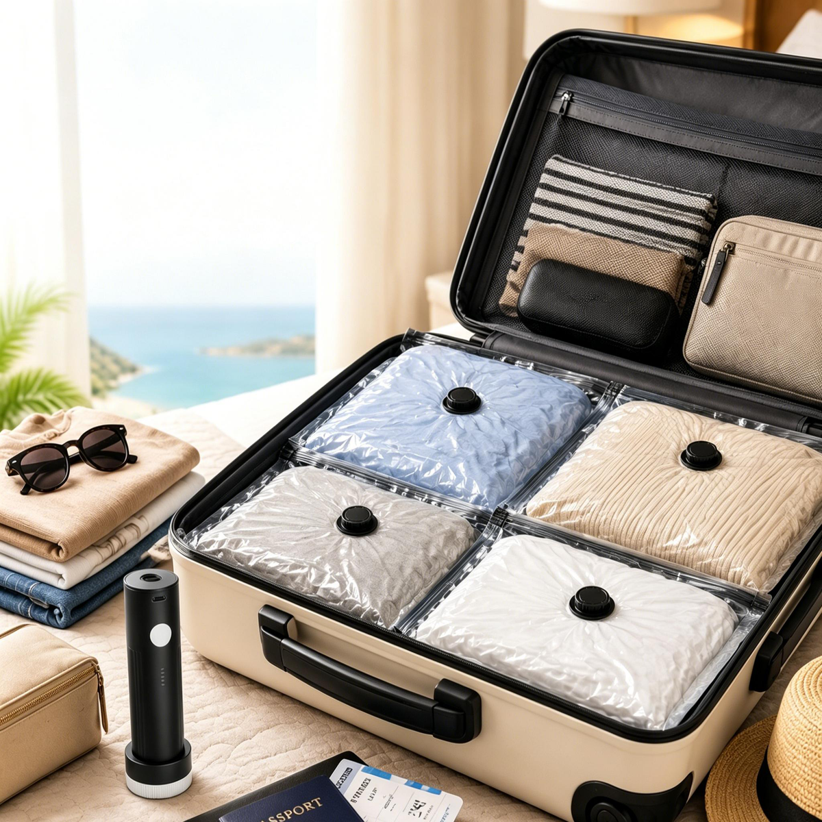 18‑combo travel vacuum compression packing cubes for clothing, space‑saver seal storage bags with cordless pump, practical luggage and suitcase organizer for vacation and cruise trips