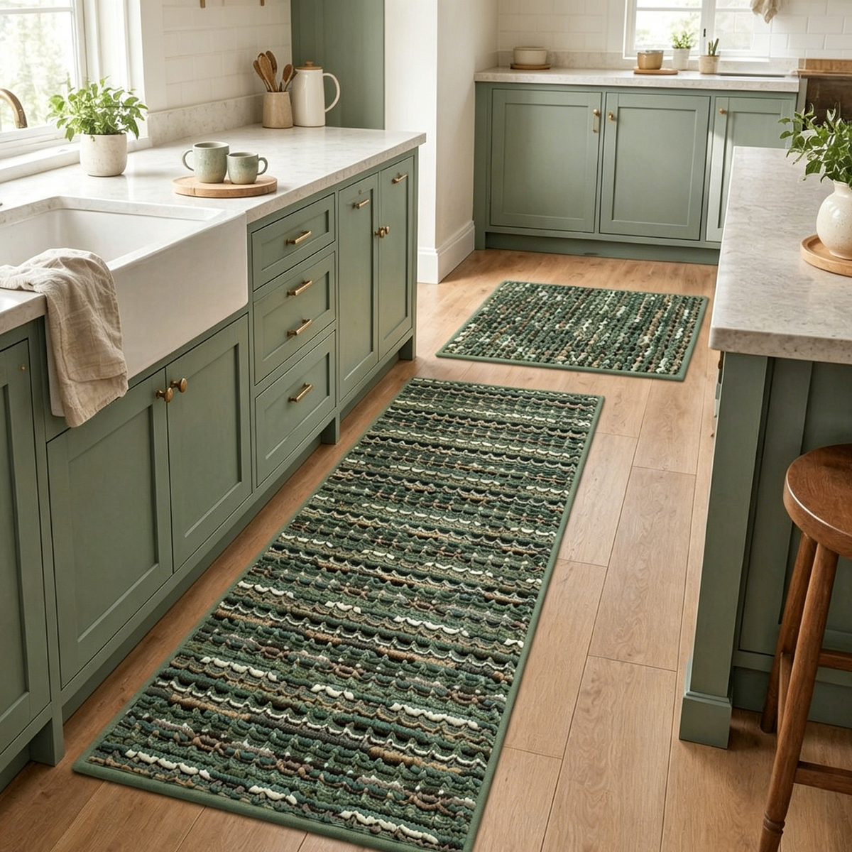 2‑Piece Kitchen Rug Set, Vintage Farmhouse Non‑Slip Floor Mats with Rubber Backing, Stain‑Resistant Washable Runner Rugs for Kitchen, Hallway, Entryway and Laundry Room