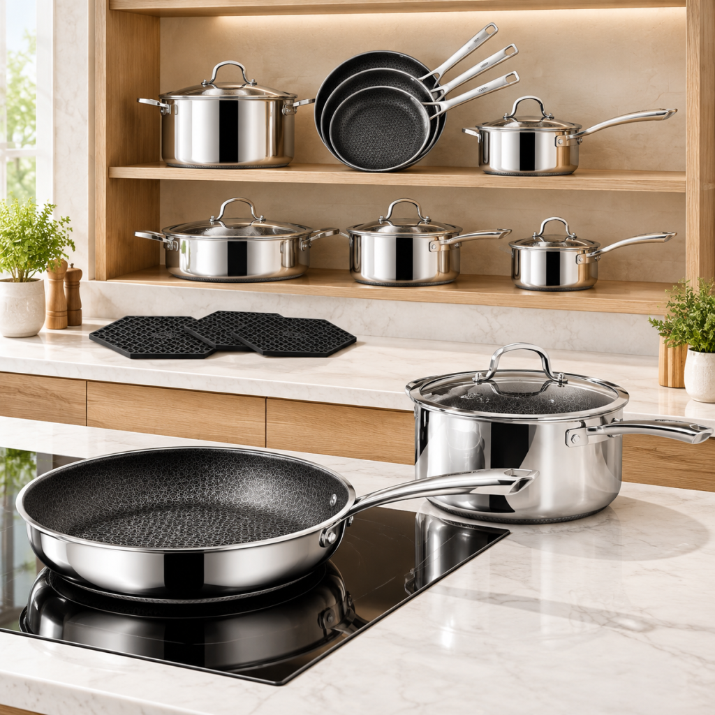 14‑Piece Hybrid Stainless Steel Cookware Set, Non‑Stick PFOA‑Free Pots and Pans, Induction Compatible Kitchenware with Frying Skillet, Saucepans, Saute Pan, Stock Pot