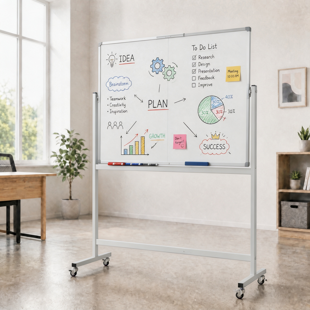 Double‑Sided Magnetic Rolling Dry Erase Whiteboard with Wheels, Mobile Standing Easel White Board with Metal Stand, Portable Reversible White Board for Home, Office, Classroom and School Use