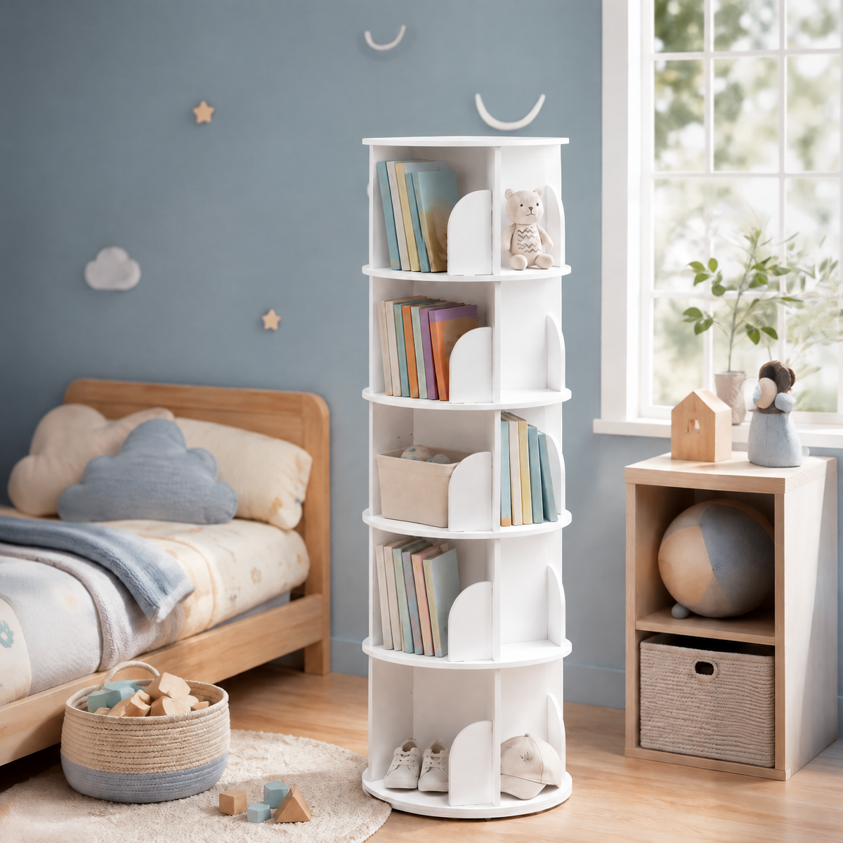 360° Revolving Round Carousel Bookshelf, 5‑Tier Spinning Lazy Susan Book Tower, Vertical Rotating Spiral Corner Storage Organizer for Bedroom and Living Room
