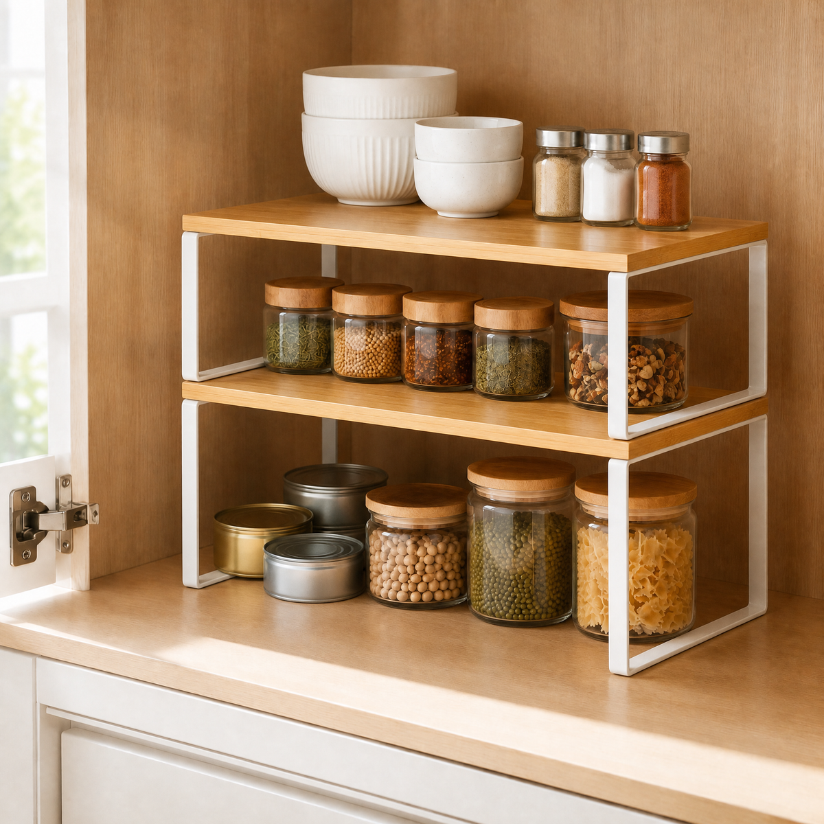 2‑Pack Cabinet Shelf Organizers, Stackable Expandable Kitchen Counter Shelf Riser, Multi‑Purpose Spice Rack for Pantry and Cupboard Storage Organization