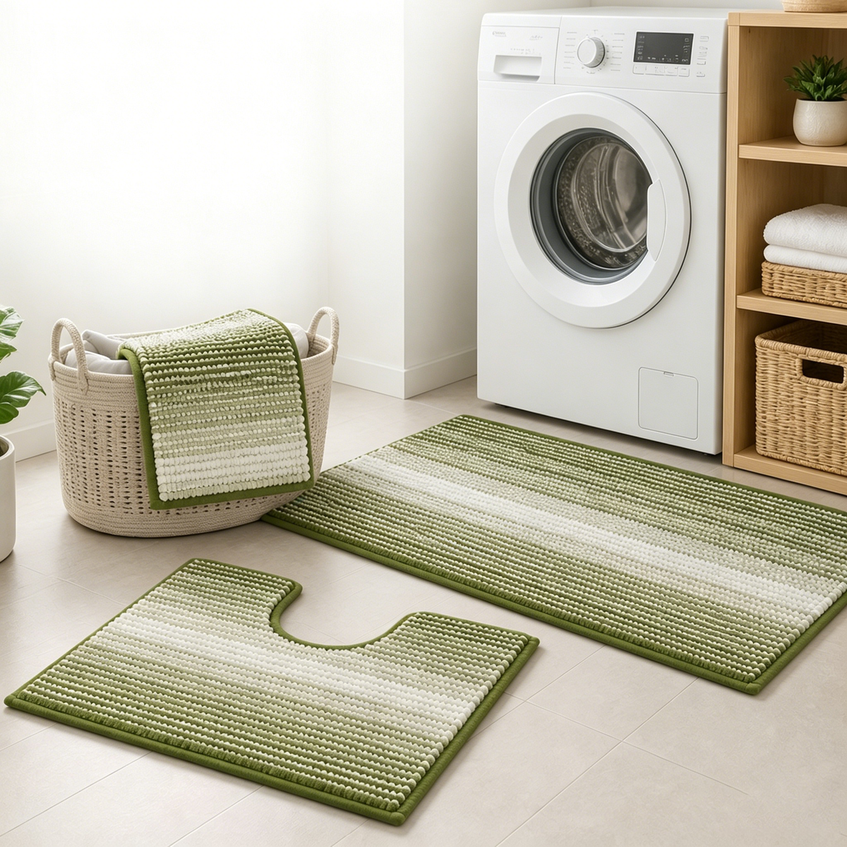 3‑Piece Sage Bathroom Rug Set, Soft Striped Chenille Bath Mats with U‑Shaped Toilet Mat, Non‑Slip Absorbent Thick Quick‑Dry Machine Washable Shower Floor Rugs for Bathroom