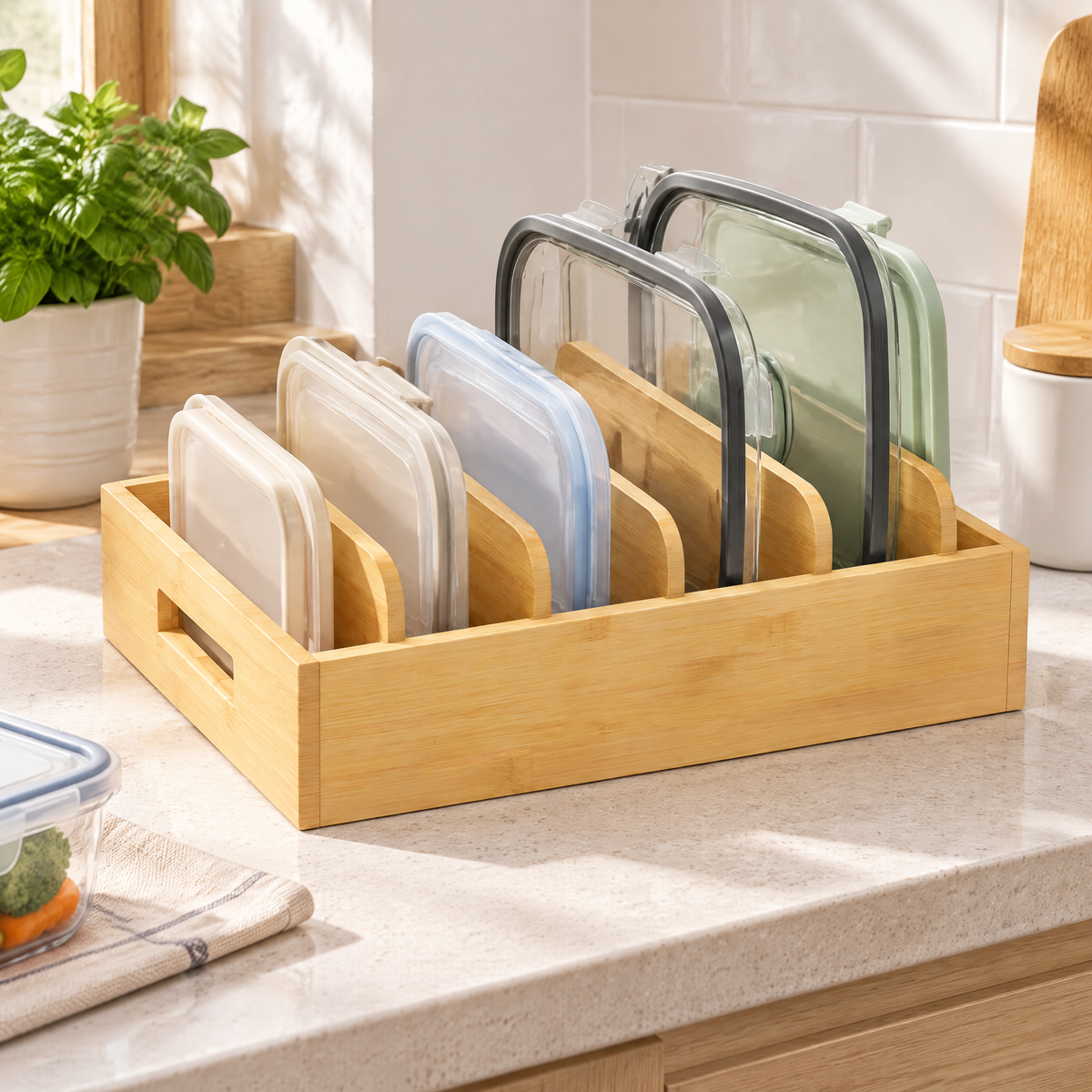 Bamboo Food Storage Lid Organizer, Adjustable Kitchen Cabinet Pantry Lid Holder with 5 Removable Dividers, Container Lid Storage Solution for Kitchen Organization