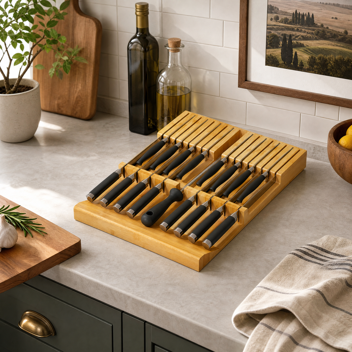 Bamboo kitchen knife drawer storage insert, practical knife holder block featuring 16 knife slots and 1 sharpener slot for drawer‑based kitchen utensil organization