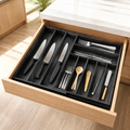 Expandable bamboo silverware drawer tray with labels, 10‑slot kitchen utensil holder for flatware, cutlery, spoons and knives for neat drawer storage organization