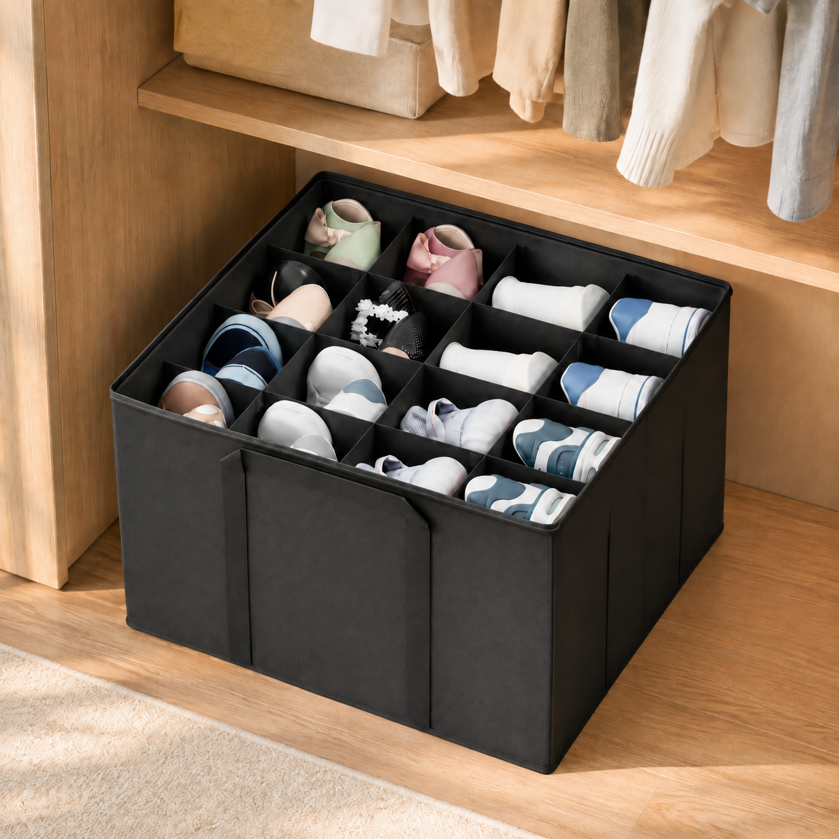 2‑pack foldable closet shoe storage bins with adjustable dividers, flexible shoe organizer containers that accommodate 16 to 32 pairs for bedroom closet footwear organization