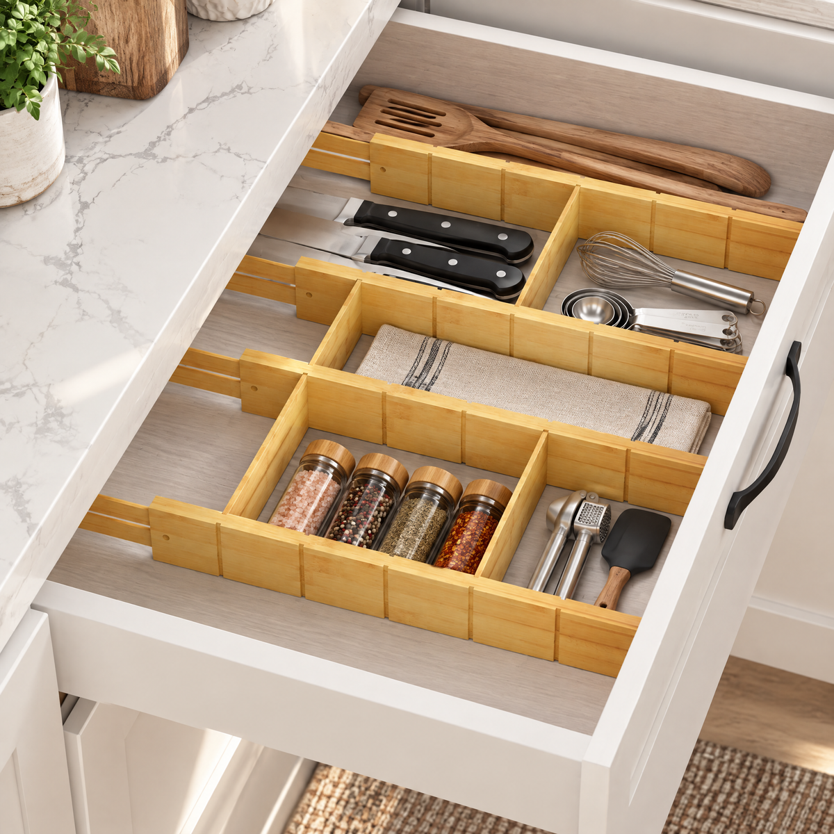 Bamboo Drawer Dividers with Inserts and Labels, Expandable Adjustable Kitchen Drawer Organizer, 4 Dividers with 9 Inserts for Home, Office and Dresser Storage