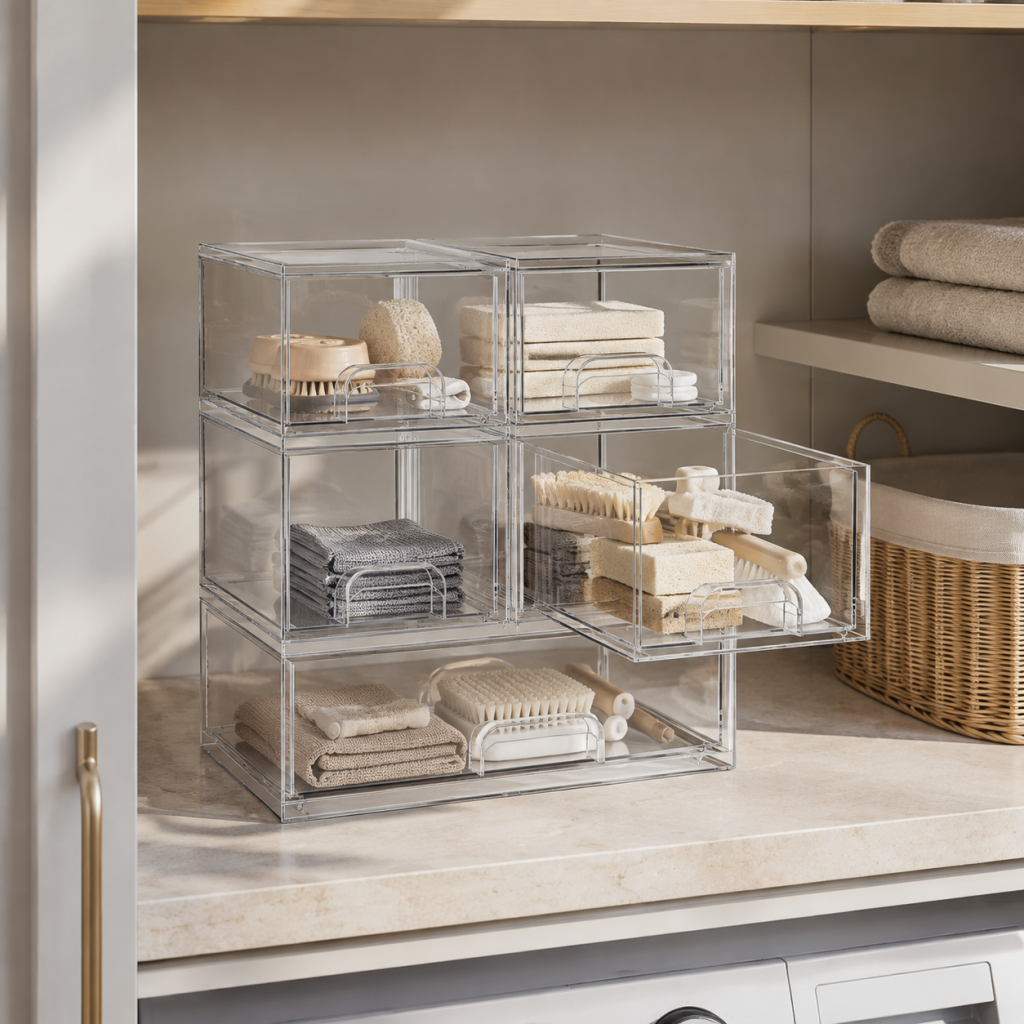 5‑pack stackable clear acrylic bottle storage drawers (2S 2M 1L), multi‑purpose baby bottle station organizer for countertop, vanity, bathroom, cabinet and pantry organization
