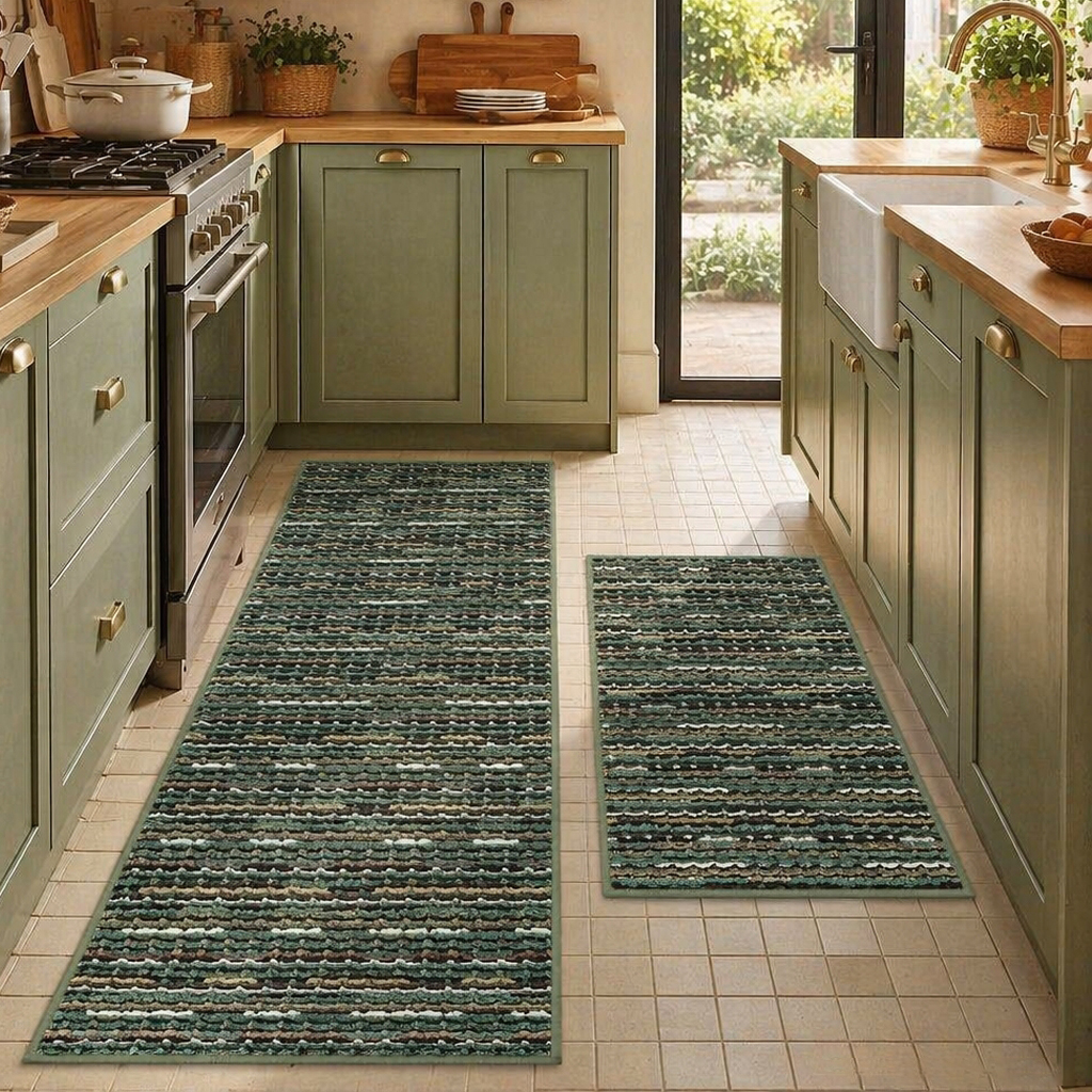2‑Piece Kitchen Rug Set, Vintage Farmhouse Non‑Slip Floor Mats with Rubber Backing, Stain‑Resistant Washable Runner Rugs for Kitchen, Hallway, Entryway and Laundry Room