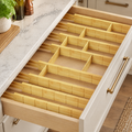 Expandable adjustable bamboo drawer dividers with inserts and labels, set of 8 dividers plus 18 inserts for kitchen, dressers, bathroom and home office storage