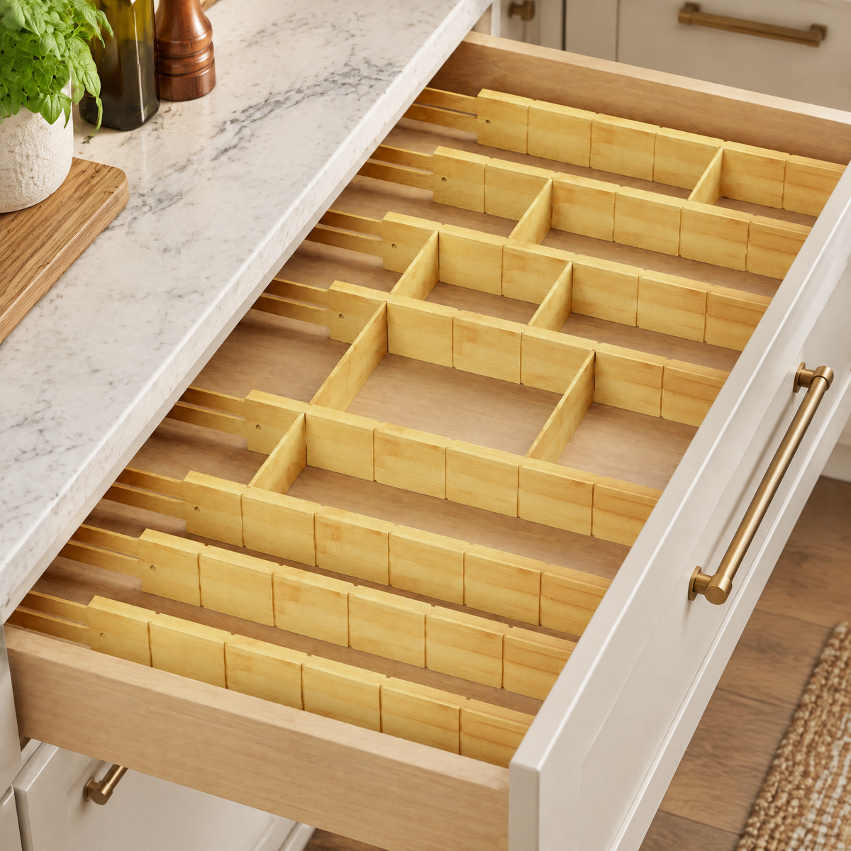 Expandable adjustable bamboo drawer dividers with inserts and labels, set of 8 dividers plus 18 inserts for kitchen, dressers, bathroom and home office storage