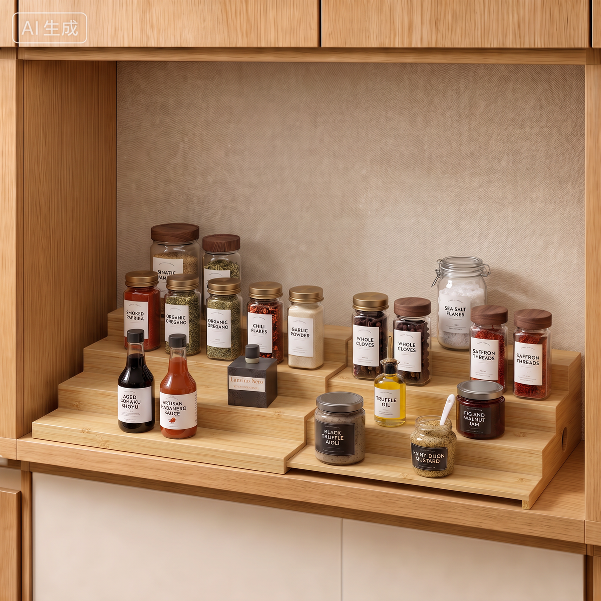 4‑Tier Bamboo Spice Rack Organizer for Kitchen Cabinets, Tiered Wood Seasoning and Can Goods Storage Shelf, Practical Pantry Organization Rack for Spices & Condiments