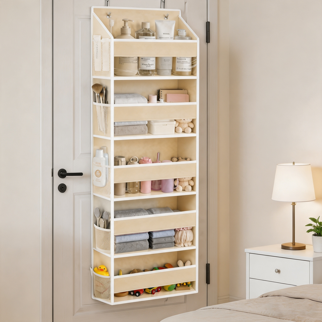 1‑pack 5‑layer over‑the‑door hanging storage organizer with clear window, featuring 5 large main pockets and 10 mesh side pockets for bedroom, bathroom, pantry and nursery tidy‑up