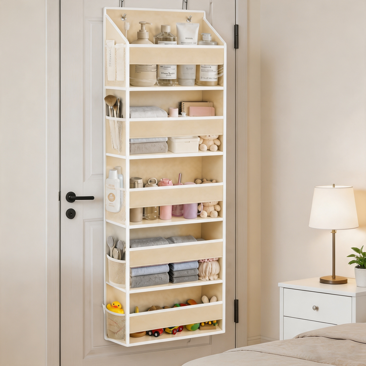 1‑pack 5‑layer over‑the‑door hanging storage organizer with clear window, featuring 5 large main pockets and 10 mesh side pockets for bedroom, bathroom, pantry and nursery tidy‑up