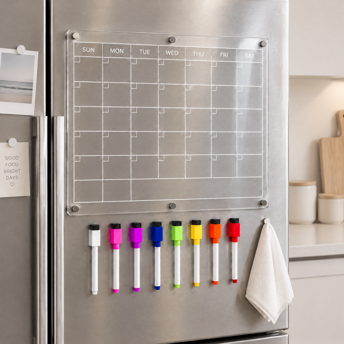 Clear magnetic acrylic monthly dry‑erase calendar for refrigerator, reusable fridge planning board complete with 8 vibrant color markers for household scheduling