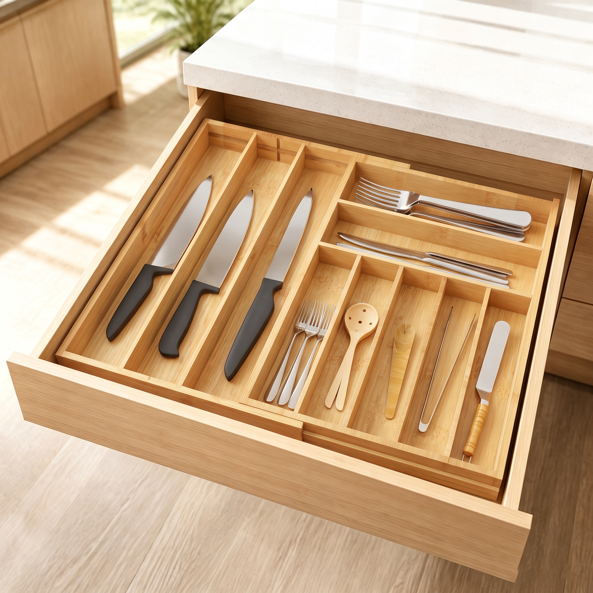 Expandable bamboo silverware drawer tray with labels, 10‑slot kitchen utensil holder for flatware, cutlery, spoons and knives for neat drawer storage organization