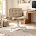 Criss Cross Swivel Office Chair with Wheels, Cross-Legged Makeup Vanity Desk Chair, Wide PU Leather Seat, 5-Gear Adjustable Armrests, Pet-Friendly Armchair for Office