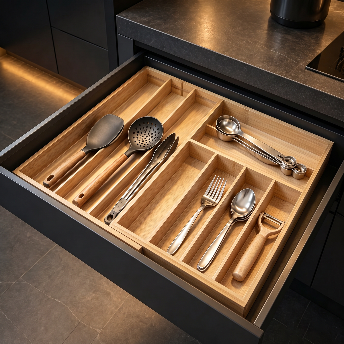 Expandable bamboo silverware drawer tray with labels, 10‑slot kitchen utensil holder for flatware, cutlery, spoons and knives for neat drawer storage organization
