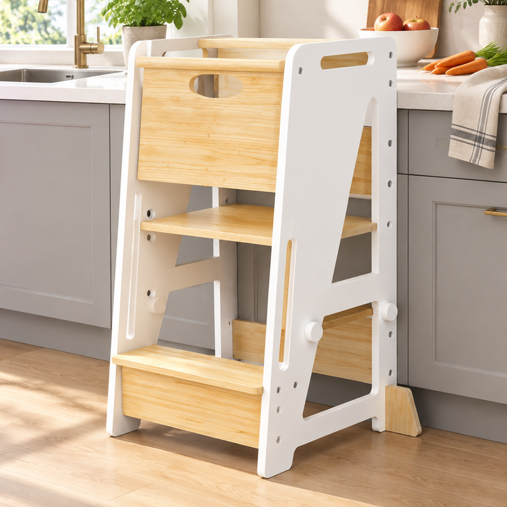 3‑Height Adjustable Kids Learning Tower with Sliding Door, Toddler Helper Stool with Non‑Slip Strips, Wide A‑Frame Base and Anti‑Tip Feet, 150 lb Load for 18 Months to 6 Years Old