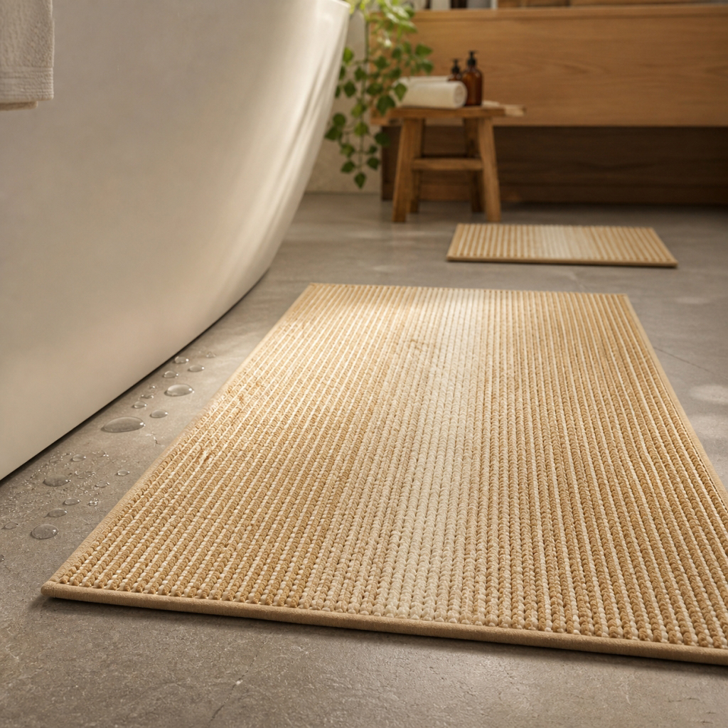 2‑Piece Boho Bathroom Rug Set, Soft Striped Chenille Non‑Slip Bath Mats, Quick‑Dry Absorbent Machine‑Washable Shower Floor Rugs for Bathroom and Bedroom Home Decor