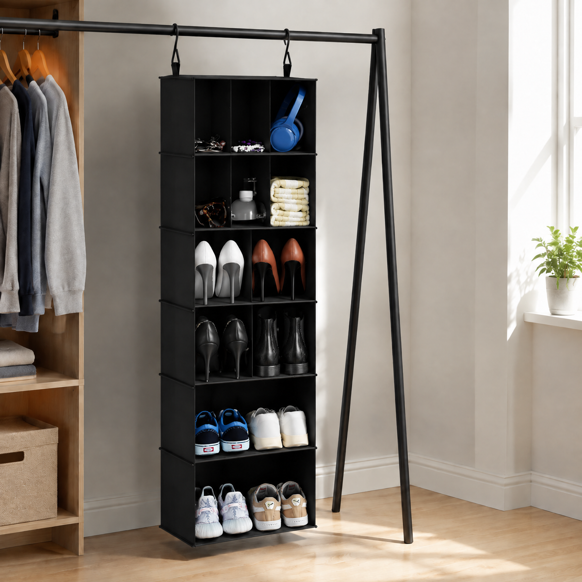 2‑pack hanging closet shoe organizer with dividers, 24‑compartment hanging shoe shelves offering tidy storage for closet, wardrobe, RV interior and freestanding garment rack organization