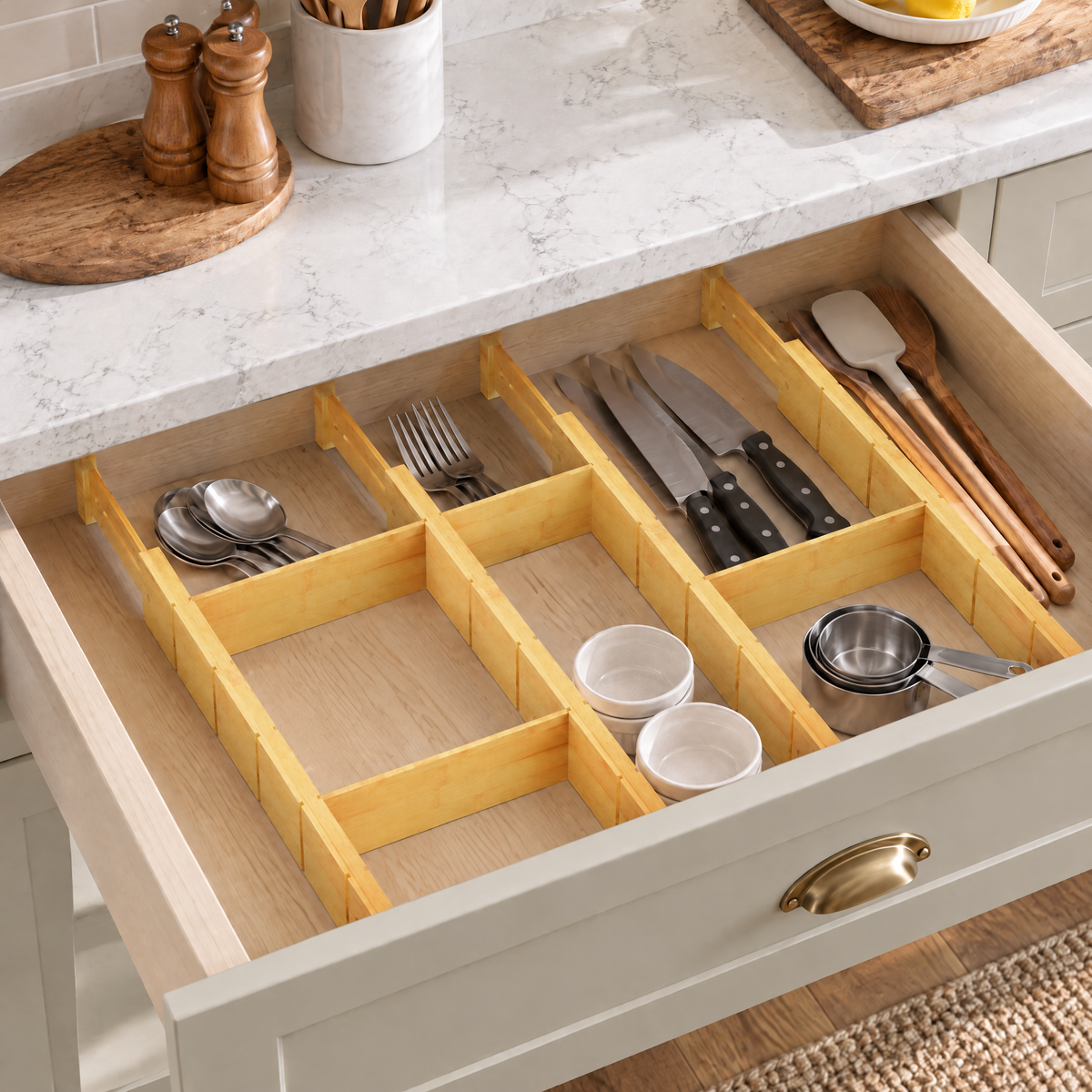 Bamboo Drawer Dividers with Inserts and Labels, Expandable Adjustable Kitchen Drawer Organizer, 4 Dividers with 9 Inserts for Home, Office and Dresser Storage