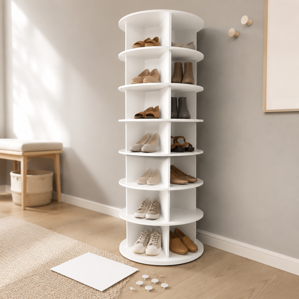 7‑tier rotating shoe rack tower, 360‑degree spinning lazy susan round carousel, vertical revolving storage organizer for shoes and handbags to optimize closet space