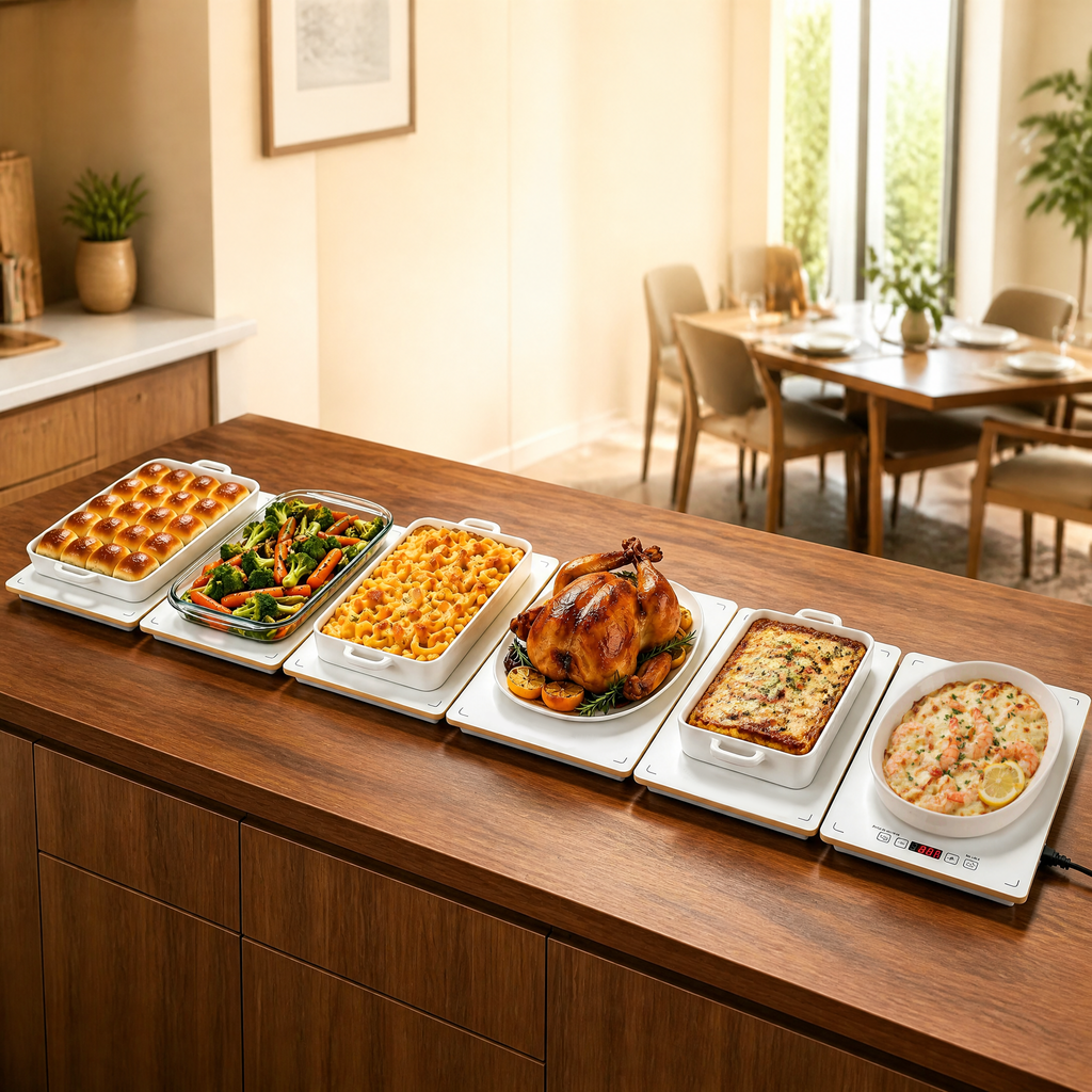 Combinable electric food warmer buffet server, warming tray with precise temperature adjustment for home parties, entertaining and professional catering events
