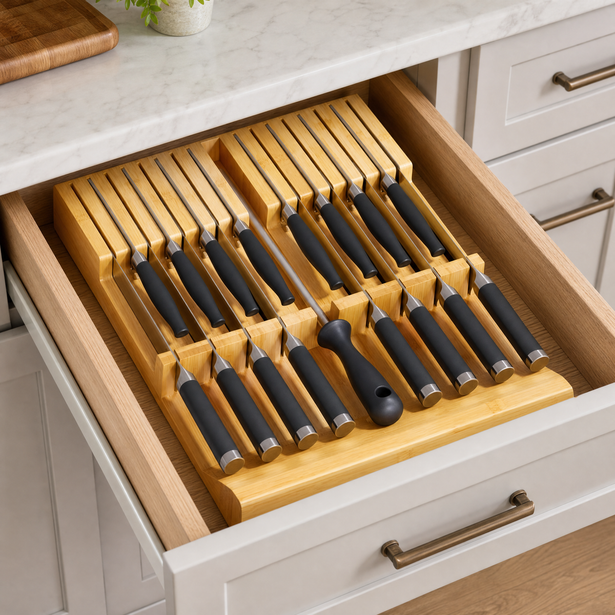 Bamboo kitchen knife drawer storage insert, practical knife holder block featuring 16 knife slots and 1 sharpener slot for drawer‑based kitchen utensil organization
