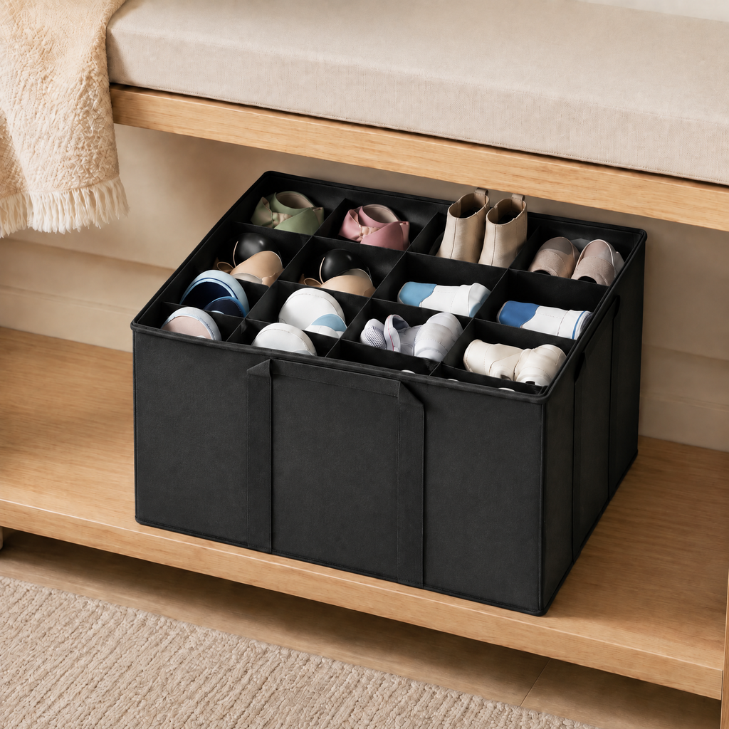 2‑pack foldable closet shoe storage bins with adjustable dividers, flexible shoe organizer containers that accommodate 16 to 32 pairs for bedroom closet footwear organization
