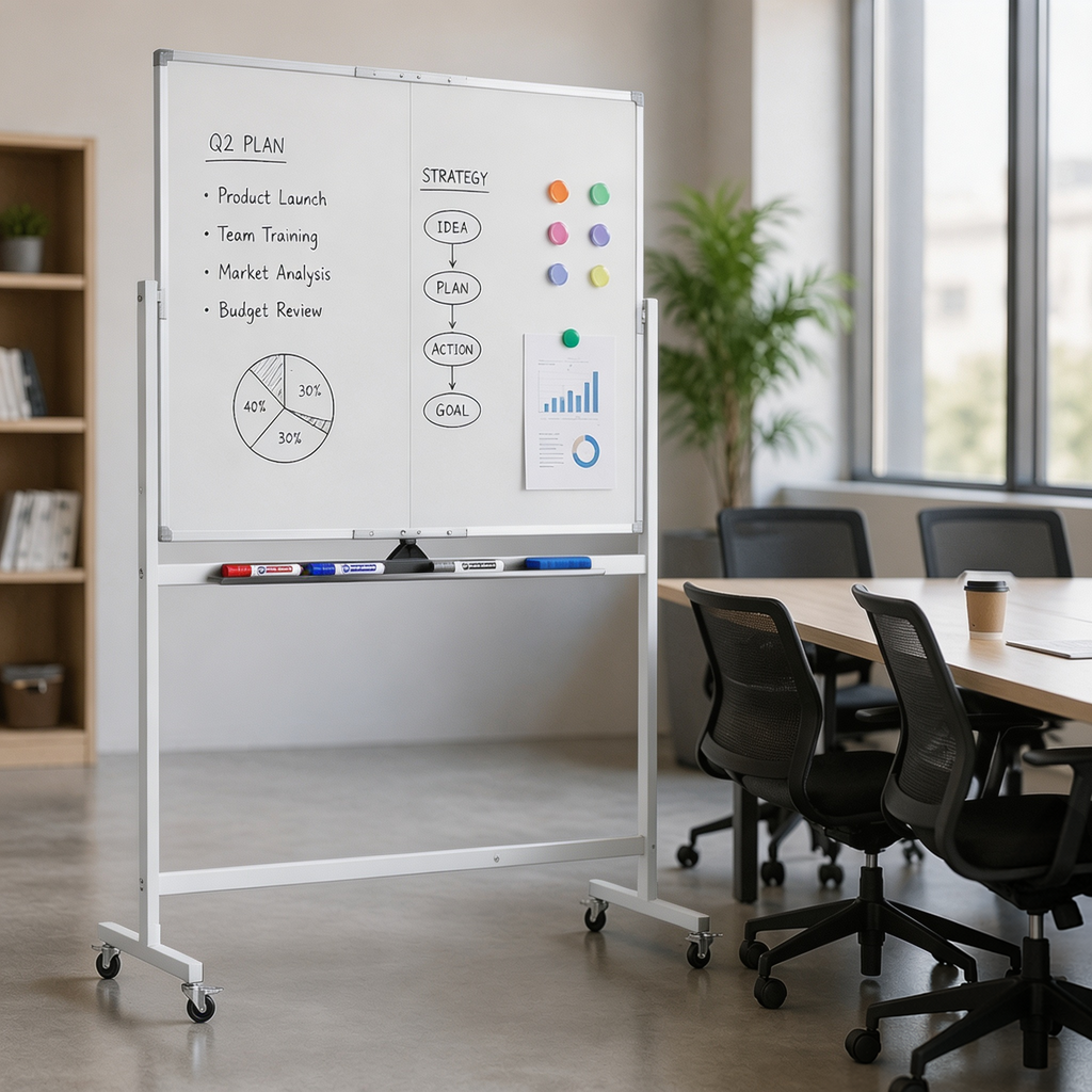 Double‑Sided Magnetic Rolling Dry Erase Whiteboard with Wheels, Mobile Standing Easel White Board with Metal Stand, Portable Reversible White Board for Home, Office, Classroom and School Use