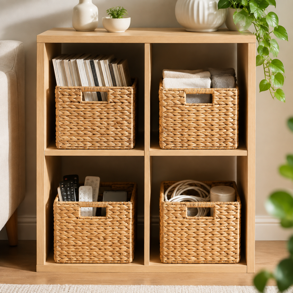 4‑pack large water hyacinth wicker storage baskets with handles, hand‑woven rattan cube organizer bins for shelves, closet and household space organization