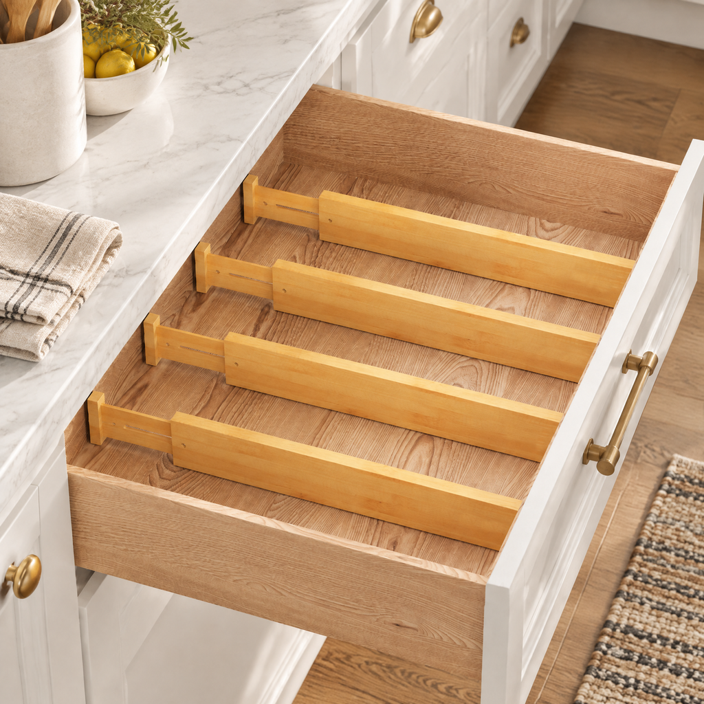 Expandable adjustable bamboo drawer dividers with label slots, set of 6 flexible drawer organizers for kitchen, dressers, bathroom and home office storage