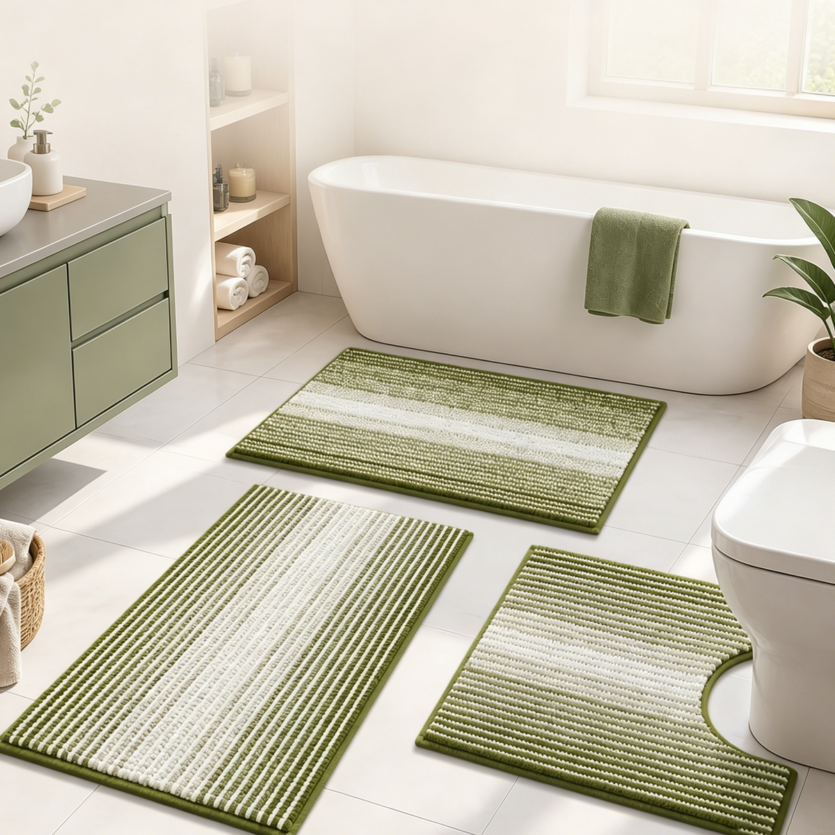 3‑Piece Sage Bathroom Rug Set, Soft Striped Chenille Bath Mats with U‑Shaped Toilet Mat, Non‑Slip Absorbent Thick Quick‑Dry Machine Washable Shower Floor Rugs for Bathroom