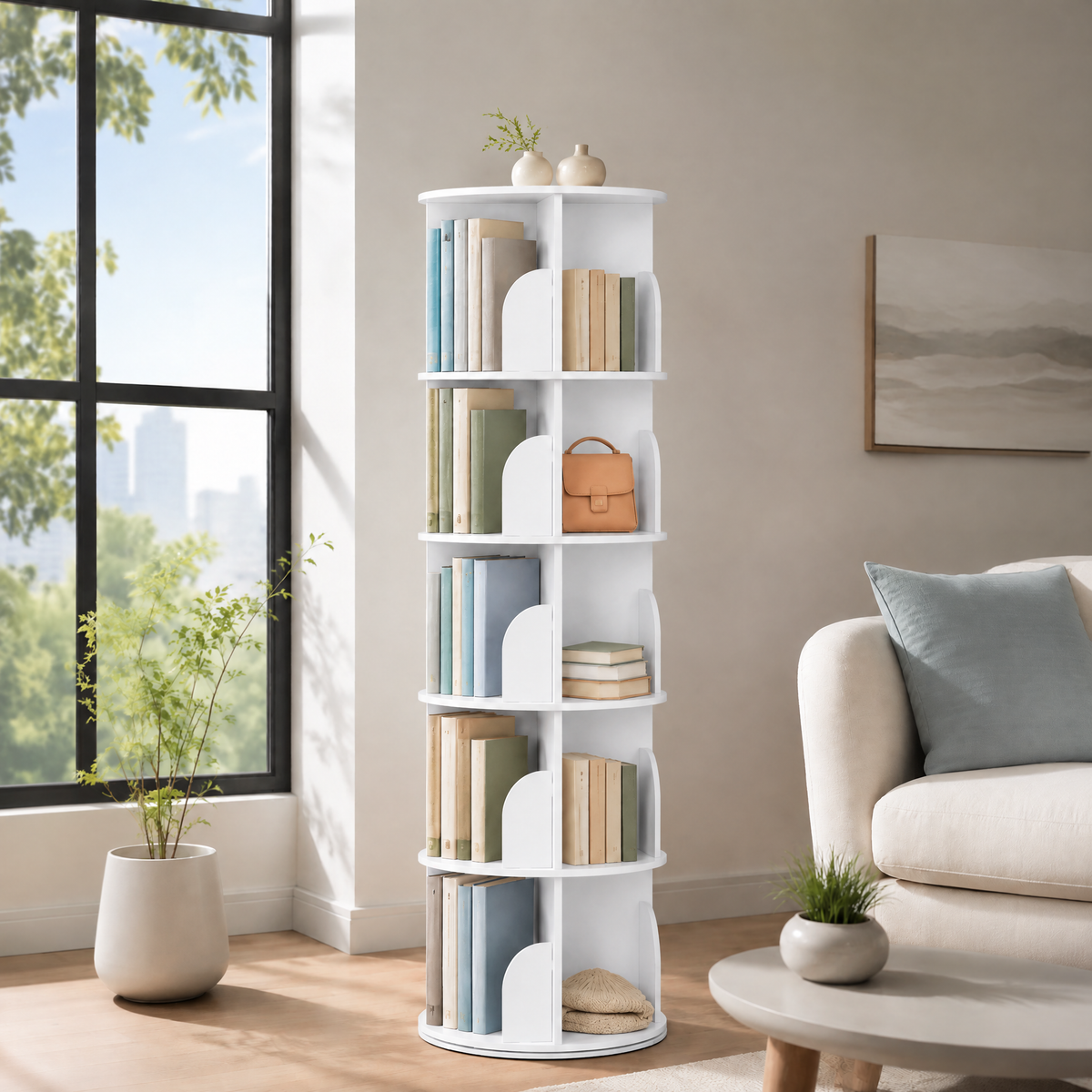 360° Revolving Round Carousel Bookshelf, 5‑Tier Spinning Lazy Susan Book Tower, Vertical Rotating Spiral Corner Storage Organizer for Bedroom and Living Room