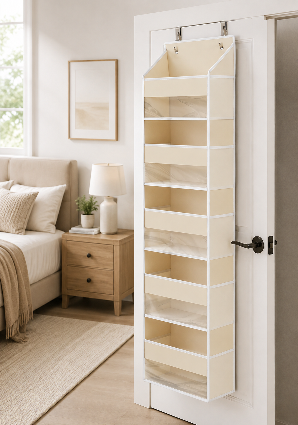 1‑pack 5‑layer over‑the‑door hanging storage organizer with clear window, featuring 5 large main pockets and 10 mesh side pockets for bedroom, bathroom, pantry and nursery tidy‑up