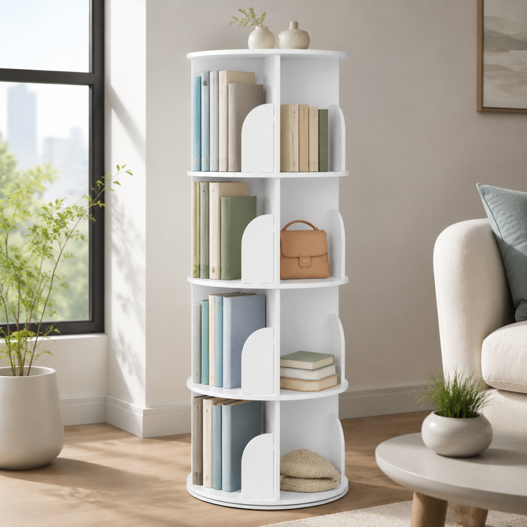 4‑Tier Rotating Bookshelf Tower, 360‑Degree Spinning Lazy Susan Bookcase, Round Revolving Carousel Storage Shelf, Vertical Spiral Corner Organizer for Home Storage