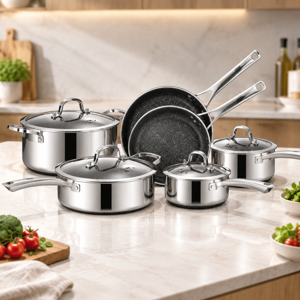 10‑Piece Hybrid Stainless Steel Cookware Set, Non‑Stick PFOA‑Free Pots and Pans, Induction Compatible Kitchenware with Frying Skillet, Saucepans, Saute Pan, Stock Pot
