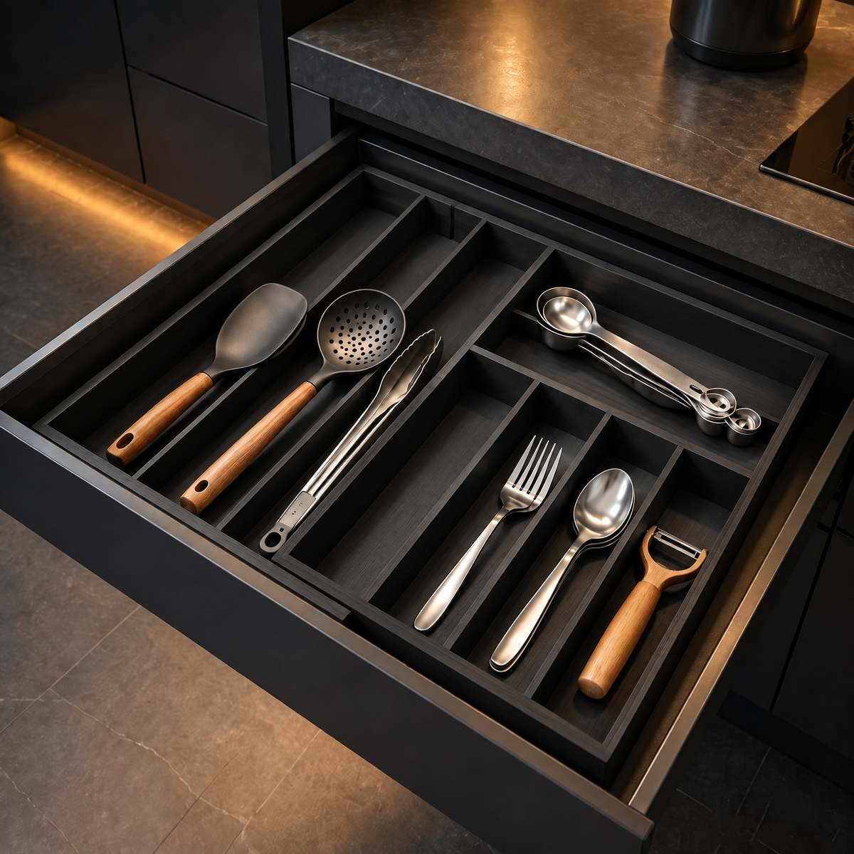 Expandable bamboo silverware drawer tray with labels, 10‑slot kitchen utensil holder for flatware, cutlery, spoons and knives for neat drawer storage organization