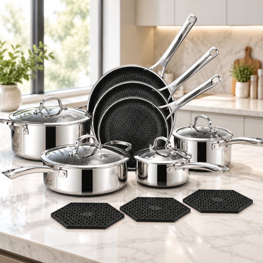 14‑Piece Hybrid Stainless Steel Cookware Set, Non‑Stick PFOA‑Free Pots and Pans, Induction Compatible Kitchenware with Frying Skillet, Saucepans, Saute Pan, Stock Pot